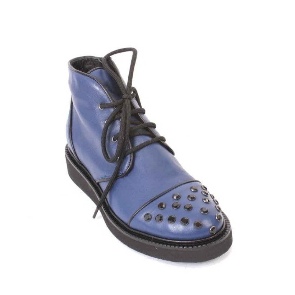 Isabelle 100z Blue Leather Fleece Lace Zip Wedge Ankle Boots
